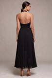 Robe formelle Maxi plissée à col long noir en chiffon à longueur en A