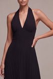 Robe formelle Maxi plissée à col long noir en chiffon à longueur en A