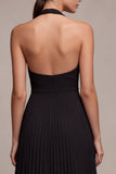 Robe formelle Maxi plissée à col long noir en chiffon à longueur en A
