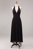 Robe formelle Maxi plissée à col long noir en chiffon à longueur en A