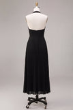 Robe formelle Maxi plissée à col long noir en chiffon à longueur en A