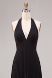 Robe formelle Maxi plissée à col long noir en chiffon à longueur en A