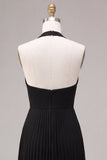 Robe formelle Maxi plissée à col long noir en chiffon à longueur en A
