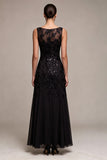 Robe de soirée longue en chiffon noir en chiffon à paillettes batteau