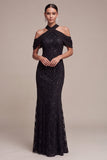 Robe de cérémonie Maxi en dentelle à col nu en sirène noire à sequins sirène