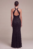 Robe de cérémonie Maxi en dentelle à col nu en sirène noire à sequins sirène