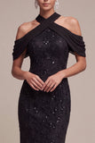 Robe de cérémonie Maxi en dentelle à col nu en sirène noire à sequins sirène