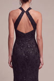 Robe de cérémonie Maxi en dentelle à col nu en sirène noire à sequins sirène