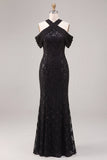 Robe de cérémonie Maxi en dentelle à col nu en sirène noire à sequins sirène