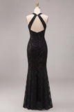 Robe de cérémonie Maxi en dentelle à col nu en sirène noire à sequins sirène