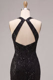 Robe de cérémonie Maxi en dentelle à col nu en sirène noire à sequins sirène