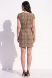 Robe de travail midi à carreaux marron à manches courtes à manches courtes et froissées
