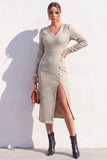 Robe Midi bodycon en tweed bleu à col V avec fente