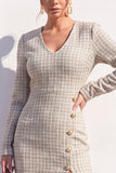 Robe Midi bodycon en tweed bleu à col V avec fente
