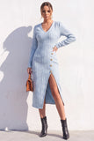 Robe Midi bodycon en tweed bleu à col V avec fente
