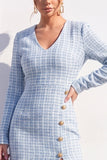 Robe Midi bodycon en tweed bleu à col V avec fente