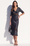 Robe Midi Bodycon en dentelle noire en satin avec demi-manches