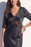 Robe Midi Bodycon en dentelle noire en satin avec demi-manches