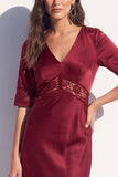 Robe Midi Bodycon en dentelle noire en satin avec demi-manches