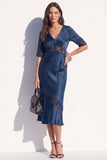 Robe Midi Bodycon en dentelle noire en satin avec demi-manches