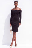 Robe de travail midi noire à manches longues à épaule décalée bodycon