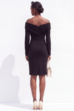 Robe de travail midi noire à manches longues à épaule décalée bodycon