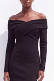Robe de travail midi noire à manches longues à épaule décalée bodycon