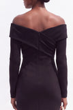 Robe de travail midi noire à manches longues à épaule décalée bodycon