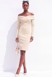 Robe de travail midi noire à manches longues à épaule décalée bodycon