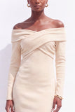 Robe de travail midi noire à manches longues à épaule décalée bodycon