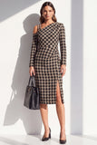Robe de travail midi à manches longues en tweed noir, épaules froides