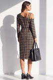 Robe de travail midi à manches longues en tweed noir, épaules froides
