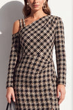 Robe de travail midi à manches longues en tweed noir, épaules froides
