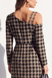 Robe de travail midi à manches longues en tweed noir, épaules froides