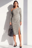 Robe de travail midi à manches longues en tweed noir, épaules froides