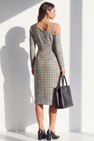 Robe de travail midi à manches longues en tweed noir, épaules froides