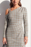 Robe de travail midi à manches longues en tweed noir, épaules froides