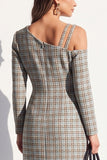 Robe de travail midi à manches longues en tweed noir, épaules froides