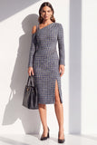 Robe de travail midi à manches longues en tweed noir, épaules froides