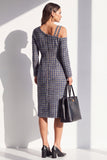 Robe de travail midi à manches longues en tweed noir, épaules froides
