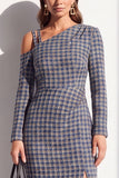 Robe de travail midi à manches longues en tweed noir, épaules froides