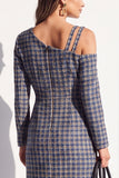 Robe de travail midi à manches longues en tweed noir, épaules froides