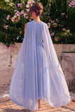 Robe midi sans manches en mousseline en mousseline bleue à col en V avec cape
