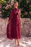Robe midi sans manches en mousseline en mousseline bleue à col en V avec cape