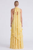 Robe longue de demoiselle d’honneur en mousseline strapless en mousseline A-Line Daffodil avec des fleurs 3D