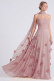 Robe longue de demoiselle d’honneur en mousseline strapless en mousseline A-Line Daffodil avec des fleurs 3D
