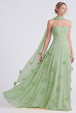 Robe longue de demoiselle d’honneur en mousseline strapless en mousseline A-Line Daffodil avec des fleurs 3D