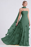 Robe longue de demoiselle d’honneur en mousseline strapless en mousseline A-Line Daffodil avec des fleurs 3D