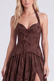 Corset espresso à col nu avec ligne A et lentille florale en dentelle dans le dos, longue robe de demoiselle d’honneur avec fente