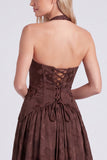 Corset espresso à col nu avec ligne A et lentille florale en dentelle dans le dos, longue robe de demoiselle d’honneur avec fente
